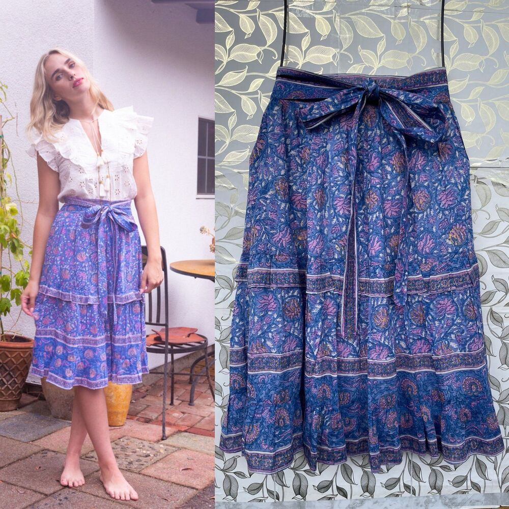 Alicia Bell Silk Cotton Smocked Tiered Midi Skirt Blue Boho Whimsigoth XS